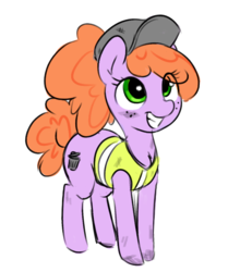 Size: 712x852 | Tagged: artist needed, safe, oc, oc only, pony, cap, chest fluff, freckles, garbage mare, hat, looking at you, ponytail, reflective vest, simple background, smiling, solo, trash can