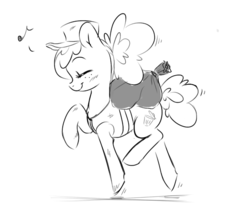 Size: 985x840 | Tagged: artist needed, safe, oc, oc only, pony, cap, chest fluff, eyes closed, freckles, garbage bag, garbage mare, hat, humming, monochrome, music notes, ponytail, reflective vest, sketch, skipping, smiling, solo, trash can
