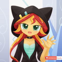 Size: 1080x1080 | Tagged: safe, artist:howxu, sunset shimmer, equestria girls, g4, cat ears, cat hoodie, clothes, commission, cute, female, hoodie, looking at you, open mouth, patreon, patreon logo, shimmerbetes, solo, waving