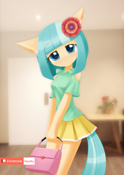 Size: 1000x1407 | Tagged: safe, artist:howxu, coco pommel, earth pony, anthro, g4, commission, female, flower, flower in hair, looking at you, smiling, solo