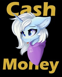 Size: 1024x1280 | Tagged: safe, artist:lunar froxy, oc, oc:eula phi, pony, unicorn, bust, cash money, clothes, hoodie, ovo, portrait, tongue out