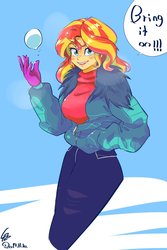 Size: 1000x1500 | Tagged: safe, artist:sozglitch, sunset shimmer, equestria girls, equestria girls series, g4, holidays unwrapped, spoiler:eqg series (season 2), breasts, busty sunset shimmer, clothes, female, snow, snowball, solo, winter outfit