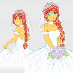 Size: 1791x1791 | Tagged: safe, artist:deeemperor, sunset shimmer, equestria girls, g4, alternate hairstyle, clothes, cute, dress, duality, female, flower, grin, looking at you, looking back, looking back at you, looking over shoulder, marriage, shimmerbetes, smiling, solo, wedding, wedding dress