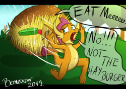 Size: 842x595 | Tagged: safe, artist:bonaxor, discord, smolder, dragon, g4, burger, fear of a krabby patty, female, food, hay burger, imminent vore, implied vore, reference, running, speech bubble, spongebob squarepants