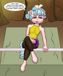 Size: 2000x2400 | Tagged: safe, artist:riscke, cozy glow, pegasus, anthro, unguligrade anthro, frenemies (episode), g4, barbell, clothes, crossed legs, dialogue, female, high res, leggings, miniskirt, skirt, solo, speech bubble, talking, this will end in foalcon, weights