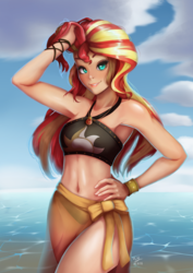 Size: 848x1200 | Tagged: safe, artist:the-park, sunset shimmer, human, equestria girls, g4, adorasexy, armpits, beach babe, beautiful, beautisexy, belly button, bikini, black bikini, black bikini bottom, black bikini top, black swimsuit, clothes, cloud, cute, cutie mark swimsuit, female, geode of empathy, human coloration, jeweled swimsuit, looking at you, magical geodes, midriff, ocean, sarong, see-through, see-through skirt, sexy, shimmerbetes, skirt, sky, smiling, smiling at you, solo, stupid sexy sunset shimmer, summer sunset, swimsuit, translucent, water