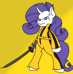Size: 534x540 | Tagged: safe, artist:treble clefé, rarity, pony, unicorn, g4, arm hooves, bipedal, clothes, dexterous hooves, kill bill, movie reference, ponified, redraw, reference, sword, weapon