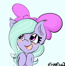 Size: 1250x1258 | Tagged: safe, artist:freefraq, flitter, pegasus, pony, g4, blue background, blushing, bow, cheek fluff, cute, ear fluff, female, flitterbetes, hair bow, hooves to the chest, simple background, solo