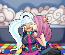 Size: 5000x4231 | Tagged: safe, artist:caoscore, fluttershy, sugarcoat, human, dance magic, equestria girls, g4, spoiler:eqg specials, alternate hairstyle, belt, blushing, breasts, cheek kiss, clothes, eared humanization, embarrassed, eyes closed, female, fluttercoat, glasses, human coloration, humanized, kissing, lesbian, pigtails, pony ears, shipping, skirt, sugarcoat tutu, twintails