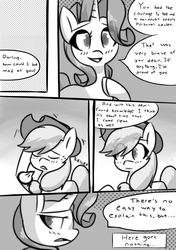 Size: 1024x1458 | Tagged: safe, artist:provolonepone, applejack, rarity, earth pony, pony, unicorn, comic:a sapphic story, g4, applejack's hat, blushing, comic, coming out, cowboy hat, hat, monochrome, speech bubble