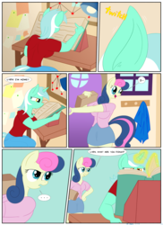 Size: 1596x2196 | Tagged: safe, artist:necrofeline, bon bon, lyra heartstrings, sweetie drops, earth pony, anthro, comic:the booty trap 4, series:the booty trap, g4, breasts, butt expansion, comic, growth