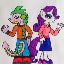 Size: 640x640 | Tagged: safe, artist:dragonpriness, rarity, spike, anthro, g4, duo, female, male, ship:sparity, shipping, straight, traditional art