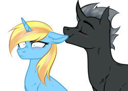 Size: 3196x2278 | Tagged: safe, artist:kim0508, artist:sparkling_light, oc, oc only, oc:skydreams, oc:tectus ignis, changeling, pony, unicorn, biting, blushing, changeling oc, disturbed, ear bite, female, high res, mare, skytus, twitch, ych result
