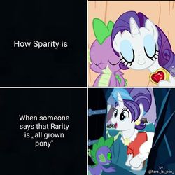 Size: 640x640 | Tagged: safe, edit, edited screencap, screencap, cookie crumbles, rarity, spike, g4, secret of my excess, sisterhooves social, the crystal empire, female, implied infidelity, male, meme, recolor, ship:sparity, shipping, sombra eyes, straight