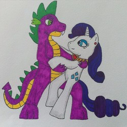 Size: 640x640 | Tagged: safe, artist:dragonpriness, rarity, spike, pony, unicorn, g4, dancing, duo, female, male, ship:sparity, shipping, straight, traditional art