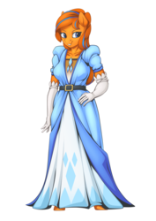 Size: 2171x3070 | Tagged: safe, alternate version, artist:mysticalpha, oc, oc:cold front, anthro, anthro oc, background removed, belt, clothes, commission, dress, female, gloves, high res, looking at you, rule 63, simple background, smiling, transparent background