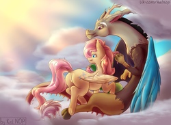 Size: 2560x1873 | Tagged: safe, artist:kelniferion, discord, fluttershy, draconequus, pegasus, pony, g4, cloud, dock, female, flutterbutt, looking away, looking back, male, mare, on a cloud, ship:discoshy, shipping, sky, smiling, straight, underhoof, wings