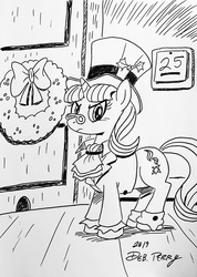 Size: 2642x3706 | Tagged: safe, artist:debmervin, snowfall frost, starlight glimmer, pony, g4, christmas wreath, female, high res, monochrome, solo, traditional art, wreath