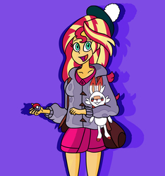 Size: 1856x1984 | Tagged: safe, artist:ajustice90, sunset shimmer, scorbunny, equestria girls, g4, clothes, crossover, looking at you, poké ball, pokémon, purple background, simple background