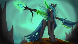Size: 2560x1440 | Tagged: source needed, safe, artist:kelniferion, queen chrysalis, changeling, changeling queen, pony, g4, female, solo, weapon