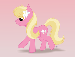 Size: 1380x1045 | Tagged: safe, artist:starshade, lily, lily valley, earth pony, pony, g4, cute, female, flower, flower in hair, full body, gradient background, mare, running, smiling, solo