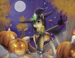 Size: 2560x1987 | Tagged: safe, artist:kelniferion, oc, oc only, cat, pony, unicorn, broom, candle, full moon, glowing horn, halloween, hat, holiday, horn, leaves, magic, moon, night, pumpkin, solo, spiked wristband, telekinesis, witch hat, wristband