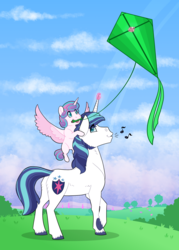 Size: 2500x3500 | Tagged: safe, artist:jackiebloom, princess flurry heart, shining armor, alicorn, pony, unicorn, g4, cute, duo, father and daughter, female, filly, flurrybetes, high res, kite, magic, male, mouth hold, music notes, stallion, telekinesis, whistling