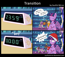 Size: 3340x2940 | Tagged: safe, alternate version, artist:soulfulmirror, spike, twilight sparkle, alicorn, dragon, pony, alarm clock, candy, christmas, clock, cup, female, food, gramophone, halloween, hat, holiday, marshmallow, music notes, onomatopoeia, pumpkin, pumpkin spice, santa hat, singing, snow, snowfall, this will end in diabetes, twilight sparkle (alicorn), twilight's castle, wide eyes, winged spike, wings