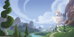 Size: 3264x1632 | Tagged: safe, g4, my little pony: the movie, the art of my little pony: the movie, canterlot, canterlot castle, castle, cloud, mountain, no pony, rainbow, river, scenery, tree