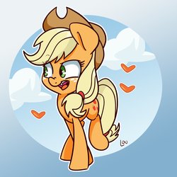 Size: 1500x1500 | Tagged: safe, artist:lou, applejack, earth pony, pony, g4, abstract background, cloud, cute, female, heart, jackabetes, mare, open mouth, sky, solo