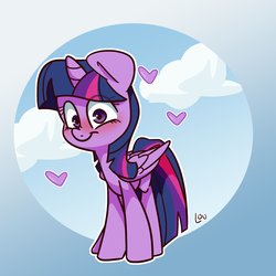 Size: 1500x1500 | Tagged: safe, artist:lou, twilight sparkle, alicorn, pony, g4, abstract background, blushing, cloud, cute, eye clipping through hair, female, heart, mare, sky, solo, twiabetes, twilight sparkle (alicorn)
