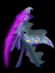 Size: 640x853 | Tagged: safe, artist:secreterces, trixie, pony, unicorn, g4, angry, bipedal, female, magic, mare, simple background, solo