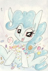 Size: 540x791 | Tagged: safe, artist:slightlyshade, oc, oc only, oc:turquoisey treat, earth pony, pony, candy, food, happy, smiling, solo, traditional art