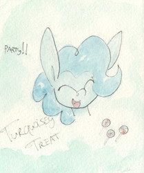 Size: 540x646 | Tagged: safe, artist:slightlyshade, oc, oc only, oc:turquoisey treat, earth pony, pony, candy, food, happy, smiling, solo, traditional art