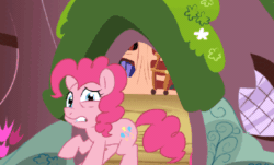 Size: 500x302 | Tagged: safe, artist:pippy, pinkie pie, earth pony, pony, pinkiepieskitchen, g4, animated, cringing, female, gif, golden oaks library, nope, reaction image, retreating, solo