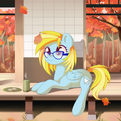 Size: 2100x2100 | Tagged: safe, artist:wavecipher, oc, oc only, oc:cloud cuddler, pegasus, pony, autumn, bench, candle, cookie, cutie mark, female, food, glasses, high res, leaves, mouse cursor, pegasus oc, solo, tree, ych result