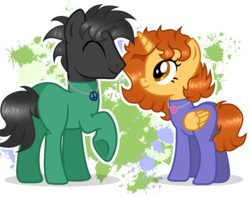 Size: 1131x893 | Tagged: safe, artist:doraeartdreams-aspy, oc, oc:aspen, oc:nick volt, alicorn, earth pony, pony, alicorn oc, base used, bodysuit, brother and sister, catsuit, eyes closed, female, hanging out, hippie, jewelry, latex, latex suit, male, necklace, peace suit, peace symbol, rubber suit, sibling love, siblings, smiling