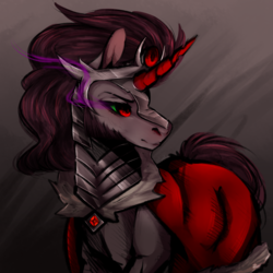Size: 1800x1800 | Tagged: safe, artist:0whitewolf0o0, king sombra, pony, unicorn, g4, cape, clothes, horn, jewelry, male, miasma, red horn, solo, sombra eyes, stallion