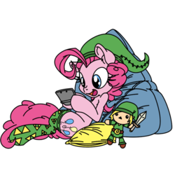 Size: 2000x2000 | Tagged: safe, artist:pananovich, pinkie pie, earth pony, pony, g4, 3ds, beanbag chair, clothes, colored, cosplay, costume, cute, diapinkes, ear fluff, elf hat, female, flat colors, hat, high res, hoof hold, link, link's hat, mare, open mouth, pillow, plushie, simple background, socks, solo, the legend of zelda, transparent background