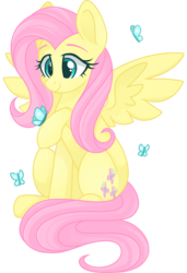 Size: 2048x3000 | Tagged: safe, artist:cinnamontee, fluttershy, butterfly, pegasus, pony, cute, female, holding, looking at something, mare, raised hoof, shyabetes, simple background, sitting, smiling, solo, spread wings, three quarter view, transparent background, wings
