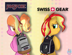 Size: 1780x1364 | Tagged: safe, artist:rainbow eevee, luster dawn, sunset shimmer, pony, unicorn, g4, backpack, cute, duo, female, jansport, logo, looking at each other, simple background, swiss gear