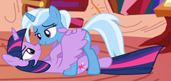 Size: 363x173 | Tagged: safe, trixie, twilight sparkle, alicorn, pony, unicorn, g4, cropped, eye contact, female, golden oaks library, hug, lesbian, looking at each other, mare, on back, ship:twixie, shipping, twilight sparkle (alicorn), winghug