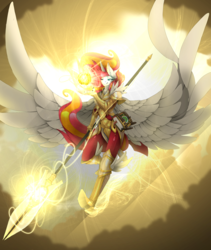 Size: 2810x3336 | Tagged: safe, artist:taiga-blackfield, oc, oc only, alicorn, anthro, plantigrade anthro, alicorn oc, female, flying, high res, light, magic, mare, smiling, solo, spear, spread wings, weapon, wings