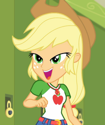 Size: 910x1080 | Tagged: safe, screencap, applejack, equestria girls, equestria girls series, g4, holidays unwrapped, o come all ye squashful, spoiler:eqg series (season 2), applejack's hat, canterlot high, cowboy hat, cropped, cute, female, freckles, geode of super strength, hallway, hat, jackabetes, lockers, magical geodes, open mouth, smiling, solo