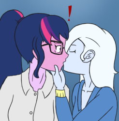 Size: 586x596 | Tagged: safe, artist:deltalima, sci-twi, trixie, twilight sparkle, human, equestria girls, g4, blushing, cropped, duo, female, glasses, kiss on the lips, kissing, lesbian, ship:sci-twixie, ship:twixie, shipping, surprise kiss