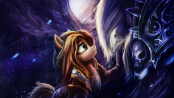 Size: 2278x1281 | Tagged: safe, artist:stdeadra, pony, undead, armor, art, arthas menethil, blizzard entertainment, crossover, crying, duo, female, jaina proudmoore, lich king, male, mountain, ponified, video game, warcraft