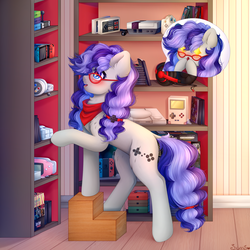 Size: 3200x3200 | Tagged: safe, artist:sweesear, oc, oc only, oc:cinnabyte, earth pony, pony, adorkable, bandana, blushing, cheek fluff, cinnabetes, collection, cute, dork, ear fluff, female, games, glasses, happy, high res, mare, meganekko, pigtails, solo, sparkly eyes, speech bubble, wingding eyes