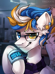 Size: 2000x2700 | Tagged: safe, artist:trickate, oc, oc only, oc:alan techard, pegasus, pony, aperture science, bust, clothes, ear piercing, glasses, high res, looking at you, male, piercing, portal (valve), portrait, scarf, smiling, smiling at you, smirk, solo, stallion, wings