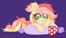Size: 4022x2315 | Tagged: safe, artist:ninnydraws, oc, oc only, oc:citrus twist, bat pony, pony, bat pony oc, colored pupils, commission, cozy, cute, food, full body, mug, pillow, simple background, solo, tea, your character here