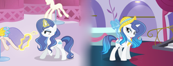Size: 4365x1675 | Tagged: safe, artist:galaxyswirlsyt, oc, oc only, oc:sky city, pony, unicorn, blue eyes, clothes, dress, female, gradient mane, hat, indoors, magic, mannequin, mare, not rarity, offspring, older, parent:fancypants, parent:rarity, parents:raripants, smiling, solo, telekinesis